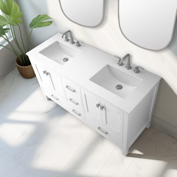 Vanea 60 inch Double Bathroom Vanity in White with White Quartz Top