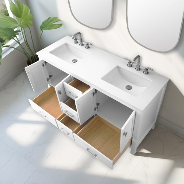 Vanea 60 inch Double Bathroom Vanity in White with White Quartz Top