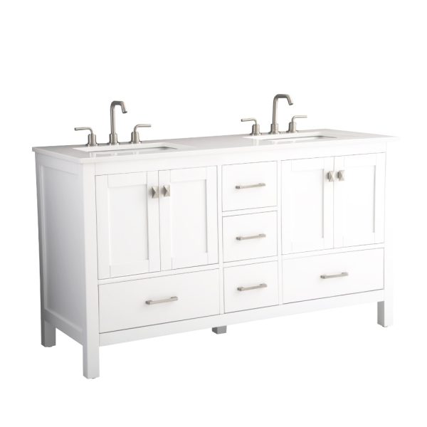 Vanea 60 inch Double Bathroom Vanity in White with White Quartz Top