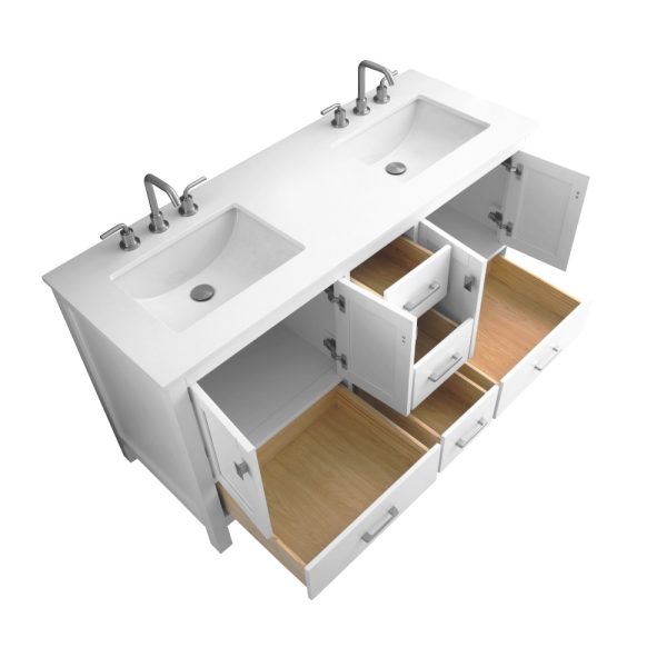 Vanea 60 inch Double Bathroom Vanity in White with White Quartz Top