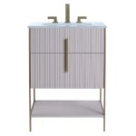 The Serenity 24 Inch Bathroom Vanity boasts a ribbed light gray cabinet, gold hardware and faucet, white integrated sink, slim gold legs, and an open bottom shelf for a sleek, modern look.