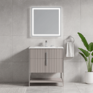 Modern bathroom with the Serenity 24 Inch Bathroom Vanity, a lighted square mirror, towel ring, potted plant, and neutral gray tile walls and floor. The space is clean and minimalistic.