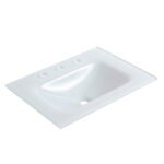 A white rectangular sink with an integrated countertop, made for the Serenity 24" Bathroom Vanity, features three rear faucet holes and a central basin with drain.