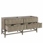 A modern, rectangular Emmeline 72" Double Bathroom Vanity Cabinet in Pebble Oak with four geometric-textured drawers, shown partially open and featuring an unfinished top, ready for installation in your bathroom.