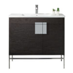 The Shawbridge 36 inch Modern Bathroom Vanity With Sink showcases dark wood, a white sink, chrome faucet, silver handles, metal legs, and two small potted plants on the right for a stylish bathroom upgrade.