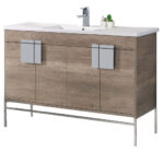 The Shawbridge 48 inch Modern Bathroom Vanity With Sink boasts a wood finish, chrome handles, white countertop with rectangular sink, single faucet, and sleek metal legs. A small potted plant decorates the right side.