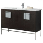 The Shawbridge 48 inch Modern Bathroom Vanity With Sink comes in a dark wood finish with a white countertop, chrome faucet, metal legs, two mirrored cabinet doors, and two center doors; soap and a towel rest on top.