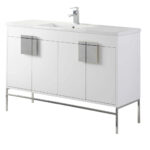 The Shawbridge 48 inch Modern Bathroom Vanity With Sink offers a rectangular basin, chrome faucet, four cabinet doors, and modern metal legs and handles—an ideal upgrade for any contemporary white bathroom.