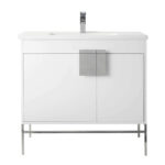 The Shawbridge 36 inch Modern Bathroom Vanity With Sink features a sleek white design, rectangular sink, chrome faucet, flat front doors, square metallic handles, and slender metal legs—ideal for a minimalist, contemporary bathroom.