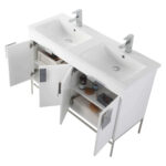 The Shawbridge 48 inch Modern Bathroom Vanity With Sink includes dual sinks and chrome faucets. Behind its cabinet doors, storage shelves keep baskets, bottles, and toiletries organized.