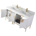 The Shawbridge 48 inch Modern Bathroom Vanity With Sink in white features gold faucets and handles, plus multiple open doors and drawers showing storage for towels, a soap dispenser, and other essentials.