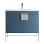 Shawbridge 36 inch Modern Bathroom Vanity With Sink in blue, featuring a white countertop and sink, single silver faucet, square silver handle, minimalist design, and slim metal legs.