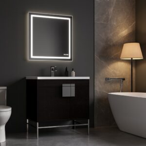 A modern bathroom with dark walls, a backlit square mirror above a sleek Shawbridge 30 inch Modern Bathroom Vanity With Sink, a white freestanding tub, a floor lamp with beige shade, and marble wall accents.