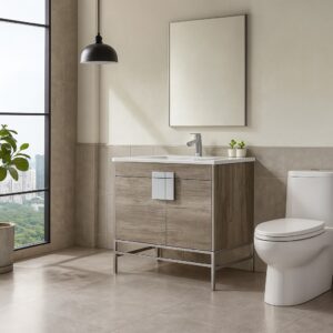 Modern bathroom with a large window, Shawbridge 36 inch Modern Bathroom Vanity With Sink, white toilet, pendant light, potted plants, and neutral tile floors and walls. Natural light fills the space.