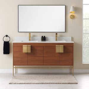 Modern bathroom with a Shawbridge 60 inch Modern Bathroom Vanity With Sink, gold fixtures, large rectangular mirror, wall sconce, black hand towel on a ring, two soap dispensers, and beige rug on white tile floor.