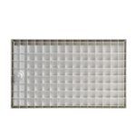 A light gray Bhavana Single Threshold Shower Base, rectangular with a grid of square compartments and a round drainage hole on the left side, is shown from above.
