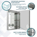 The Signature Royale 24"x36" Right Sided LED Lighted Mirror Medicine Cabinet features three adjustable glass shelves, an internal outlet with dual USB ports, soft-close 155-degree hinges, and descriptive text to highlight its premium details.