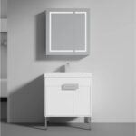 A modern minimalist bathroom showcases the Bari 30 inch Modern Bathroom Vanity With Sink, paired with a wall-mounted mirrored cabinet above the white vanity and silver faucet, set against light gray walls and flooring.
