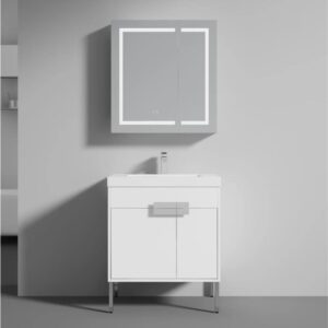 A modern minimalist bathroom showcases the Bari 30 inch Modern Bathroom Vanity With Sink, paired with a wall-mounted mirrored cabinet above the white vanity and silver faucet, set against light gray walls and flooring.