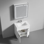 The Bari 30 inch Modern Bathroom Vanity With Sink includes a white basin, chrome faucet, mirrored wall cabinet, and open shelf. Its minimalist design with clean lines and neutral tones creates a sleek, modern bathroom look.