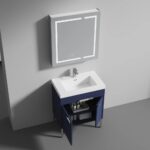 The Bari 30 inch Modern Bathroom Vanity With Sink offers blue cabinet doors that open to shelves for toiletries and towels, and is paired with a mirrored medicine cabinet above featuring LED lighting.