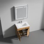 The Bari 30 inch Modern Bathroom Vanity With Sink includes a sleek white basin, a wooden cabinet with two doors for storage, and a mirrored LED medicine cabinet above.