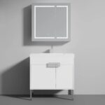The Bari 36 inch Modern Bathroom Vanity With Sink features a white cabinet, chrome legs, and a square sink. It is paired with a gray mirrored medicine cabinet with LED light strips forming a square on the plain gray background.