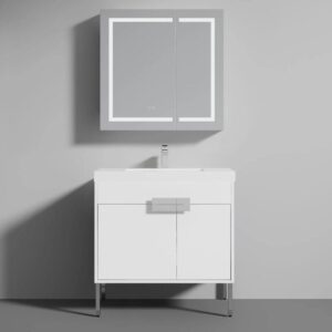 The Bari 36 inch Modern Bathroom Vanity With Sink features a white cabinet, chrome legs, and a square sink. It is paired with a gray mirrored medicine cabinet with LED light strips forming a square on the plain gray background.