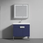 The Bari 36 inch Modern Bathroom Vanity With Sink has a blue cabinet, white countertop, rectangular sink, and a wall-mounted mirrored LED cabinet on a light gray wall for a sleek, modern look.