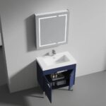 The Bari 36 inch Modern Bathroom Vanity With Sink features a blue cabinet, white countertop, and rectangular sink. Open cabinet doors store essentials, while a mirrored LED medicine cabinet adds a modern touch.