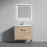 The Bari 36 inch Modern Bathroom Vanity With Sink has a light wood cabinet, white countertop, and single faucet, placed beneath a square backlit mirror on a plain light gray wall.