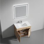 The Bari 36 inch Modern Bathroom Vanity With Sink includes a modern rectangular sink, a wood cabinet with open doors displaying towels and toiletries, and a large LED-lit square mirror above.