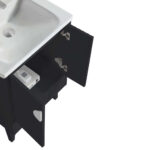 The Venezian 24 inch Bathroom Vanity With Sink is shown with its black cabinet doors open, revealing a white box inside. The white sink rests on top, all displayed against a plain white background.