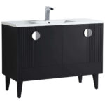 The Venezian 48 inch Bathroom Vanity is a modern black piece with two cabinet doors, round silver handles, tapered legs, and a white countertop with a rectangular sink and chrome faucet.