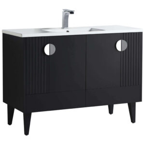 The Venezian 48 inch Bathroom Vanity is a modern black piece with two cabinet doors, round silver handles, tapered legs, and a white countertop with a rectangular sink and chrome faucet.