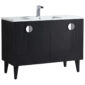 The Venezian 48 inch Bathroom Vanity is a modern black piece with two cabinet doors, round silver handles, tapered legs, and a white countertop with a rectangular sink and chrome faucet.