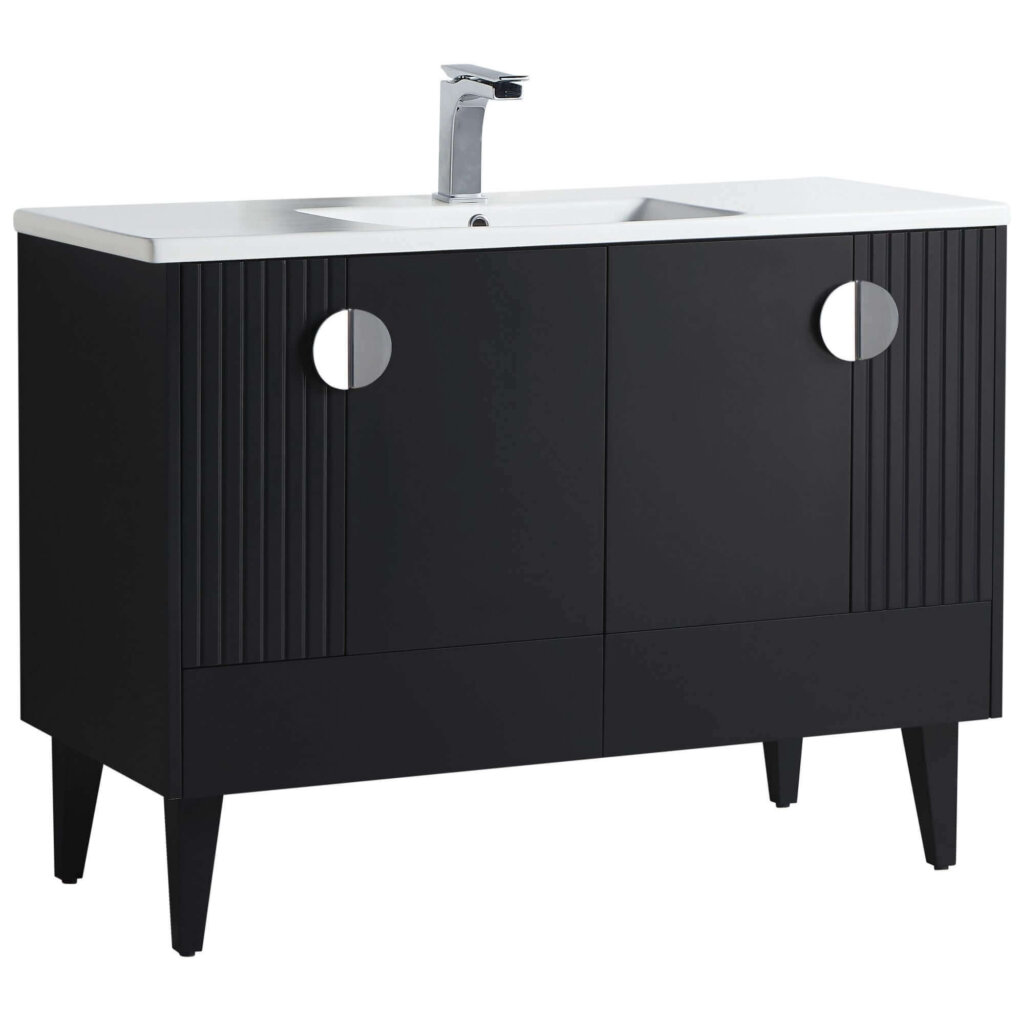 The Venezian 48 inch Bathroom Vanity is a modern black piece with two cabinet doors, round silver handles, tapered legs, and a white countertop with a rectangular sink and chrome faucet.