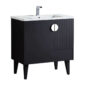 The Venezian 30 inch Bathroom Vanity With Sink showcases a sleek black design, four tapered legs, a white rectangular sink and top, one drawer, and two doors—one featuring vertical grooves and a round white handle.