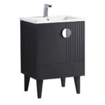 The Venezian 24 inch Bathroom Vanity With Sink boasts a modern black finish, four tapered legs, a rectangular white sink, a silver circular handle on a textured door, and a sleek chrome faucet above the sink.