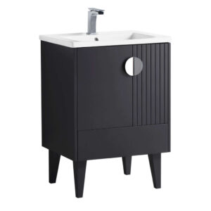 The Venezian 24 inch Bathroom Vanity With Sink boasts a modern black finish, four tapered legs, a rectangular white sink, a silver circular handle on a textured door, and a sleek chrome faucet above the sink.