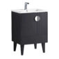 The Venezian 24 inch Bathroom Vanity With Sink boasts a modern black finish, four tapered legs, a rectangular white sink, a silver circular handle on a textured door, and a sleek chrome faucet above the sink.