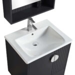 A modern white rectangular sink with a chrome faucet sits atop the Venezian 24 inch Bathroom Vanity With Sink, featuring a black cabinet and round handle. Above, a mirror cabinet with an open shelf is mounted.