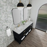 Experience modern elegance with the Lucian 72 inch Double Bathroom Vanity, featuring a marble countertop and gold faucets. The black cabinetry pairs perfectly with geometric tiles, enhanced by large mirrors