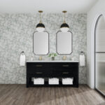 A modern bathroom showcases the Lucian 72 inch Double Bathroom Vanity on geometric tiles. Two mirrors are above the black vanity with gold faucets and handles. Pendant lights highlight neatly stacked white towels, while a large window complements the wooden floor.