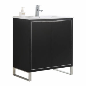 The Opulence 30 inch Modern Bathroom Vanity With Sink includes two doors, a white countertop, a silver faucet, and a soap dispenser, all set on sleek silver metal legs.