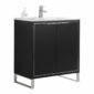 The Opulence 30 inch Modern Bathroom Vanity With Sink includes two doors, a white countertop, a silver faucet, and a soap dispenser, all set on sleek silver metal legs.