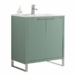 The Opulence 30 inch Modern Bathroom Vanity With Sink has a light green cabinet with two doors, chrome legs, a white countertop with built-in sink, sleek faucet, and a left-side soap dispenser for modern style.