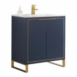 The Opulence 30 inch Modern Bathroom Vanity With Sink features a modern blue finish, gold metal legs and trim, a white countertop, and includes a gold faucet with a soap dispenser on the left side of the sink.