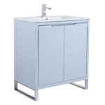 The Opulence 30 inch Modern Bathroom Vanity With Sink boasts a light blue finish, white countertop, integrated sink, chrome faucet, two cabinet doors, and sleek metal legs.