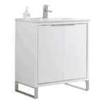 The Opulence 30 inch Modern Bathroom Vanity With Sink showcases a modern white design, two cabinet doors, a rectangular sink, silver faucet, soap dispenser on top, and sleek metal legs.